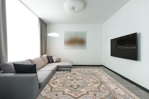 SAFAVIEH Heritage Collection Area Rug - 9' x 12', Beige & Grey, Handmade Traditional Oriental Wool, Ideal for High Traffic Areas in Living Room, Bedroom (HG866A) in Modern Living Room with Grey Couch