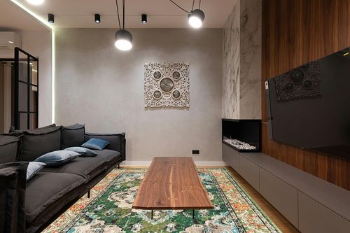 Forest Green/Light Blue Rug Non shedding, Stain Resistant, Pet friendly in Dark Wood Living Room with Black Couch