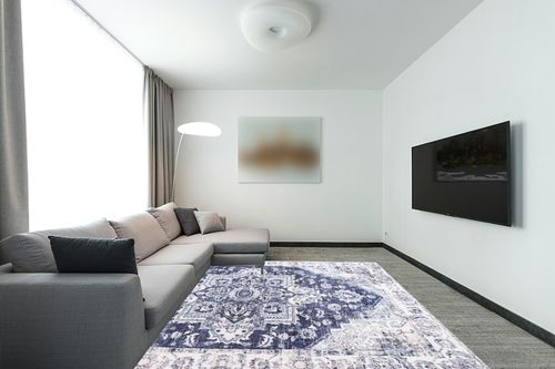 Auemtyn Washable Rug,8x10 Area Rug for Living Room, Rug with Anti-Slip Backing, Vintage Rug for Bedroom,Ultra-Thin Boho Farmhouse Rug for Home Decor(8'x10',Blue) in Modern Living Room with Grey Couch