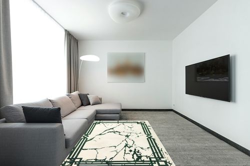 Antep Rugs Babil Gold 5x7 Abstract Marble Geometric Indoor Area Rug (Green Cream, 5'3" x 7') in Modern Living Room with Grey Couch