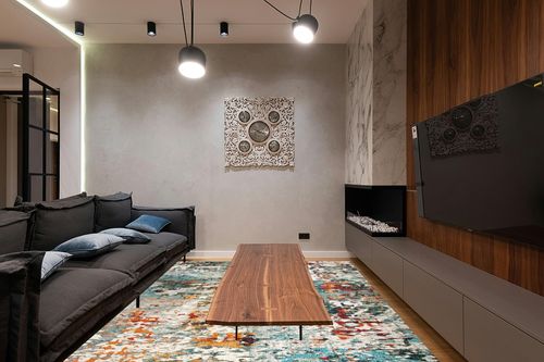 ‎Grey/Blue ‎Retro  ‎Living Room ‎Area Rug in Dark Wood Living Room with Black Couch