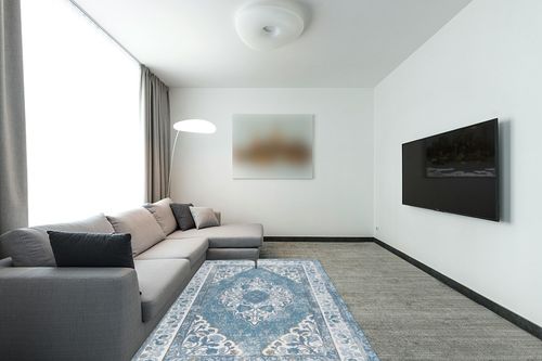Living Room Rug 5x8 Area Rug for Bedroom Boho Rug Blue Persian Rug Soft Memory Foam Bedroom Rug Oriental Flower Rug Distressed Bohemian Carpets Floral Medallion Rugs in Modern Living Room with Grey Couch