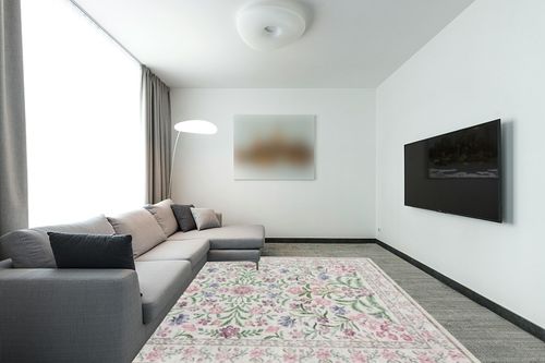 Lahome Boho 8x10 Area Rugs for Living Room, Washable Kids Rugs for Bedroom Girls, Vintage Purple Baby Rugs for Nursery, Soft Thin Carpet for Dining Room Playroom, Pale Lilac/Pink in Modern Living Room with Grey Couch