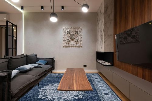 Zacoo Washable Rug 9x12 Area Rugs Boho Rug Vintage Area Rugs for Living Room Bedroom Dining Room Distressed Non Slip Rugs Carpet Non Shedding Oriental Rug, Navy Blue/White in Dark Wood Living Room with Black Couch