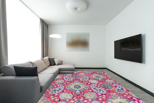 SAFAVIEH Madison Collection 9' x 12' Fuchsia Gold MAD600A Boho Chic Glam Paisley Non-Shedding Living Room Bedroom Dining Home Office Area Rug in Modern Living Room with Grey Couch