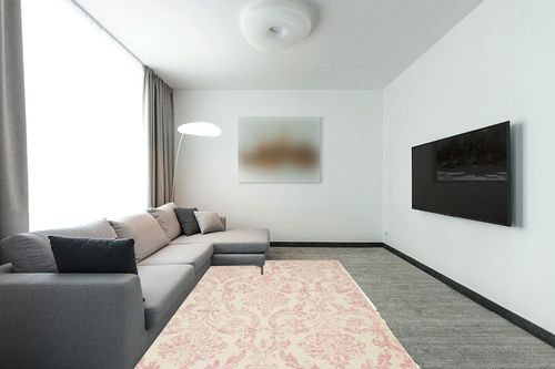 Nourison Jubilant Damask Ivory/Pink 6' x 9' Area -Rug, Easy -Cleaning, Non Shedding, Bed Room, Living Room, Dining Room, Kitchen (6x9) in Modern Living Room with Grey Couch