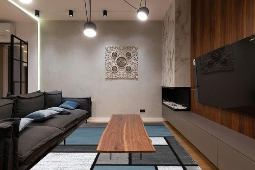 ‎Blue Stain-resistant ‎Kitchen, Bedroom, Living Room ‎Area Rug in Dark Wood Living Room with Black Couch