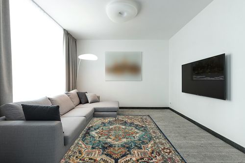 Mohawk Home Dellen Teal Blue 6' x 9' Whimsy Area Rug Perfect for Living Room, Dining Room, Office in Modern Living Room with Grey Couch