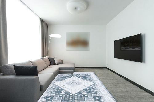 SAFAVIEH Arizona Collection Area Rug - 6' x 9', Grey Green & Ivory, Machine Washable & Slip Resistant, Distressed Design, Ideal for High Traffic Areas in Living Room, Bedroom, Dining (ARZ107F-6) in Modern Living Room with Grey Couch
