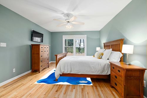 Appaloosa Cowhides Color Dyed Collection (Vibrant Blue) in Teal and Orange Wood Bedroom