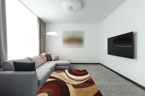 Brown/Red Contemporary Fade Resistant, Stain Resistant Bedroom, Living Room, Dining Room, Nursery Room Area Rug in Modern Living Room with Grey Couch