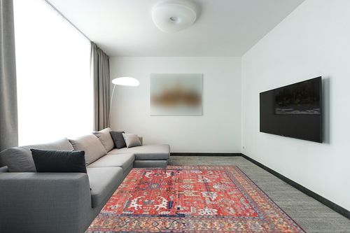 Syalife Washable Rug Vintage Area Rugs, 8'x 10' Living Room Rug with Non Slip Backing, Distressed Indoor Carpet Non-Shedding Red Rug, Vintage Floor Mat Indoor Rug (Red, 8'x 10') in Modern Living Room with Grey Couch