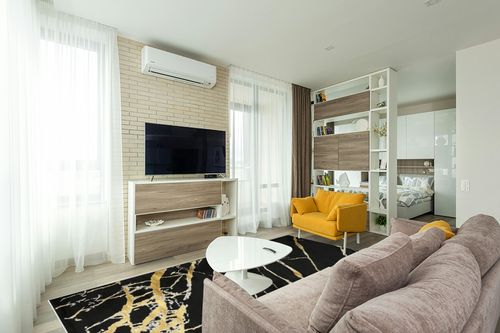 Antep Rugs Babil Gold 8x10 Marble Abstract Modern Indoor Area Rug (Black, 7'10" x 10') in Light Modern Living Room with TV