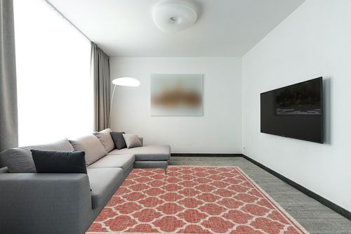 JONATHAN Y SMB109C-8 Trebol Moroccan Trellis Textured Weave Indoor Outdoor-Rug Modern Bohemian LivingRoom Backyard,8 X 10,Red/Beige in Modern Living Room with Grey Couch