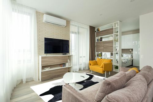 Genuine Black and White Cowhide Rug XL 6 x 7-8 ft. 180 x 240 cm in Light Modern Living Room with TV