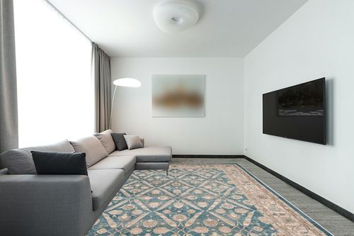 SAFAVIEH Sofia Collection Area Rug - 9' x 12', Blue & Beige, Vintage Oriental Distressed Design, Non-Shedding & Easy Care, Ideal for High Traffic Areas in Living Room, Bedroom (SOF378C) in Modern Living Room with Grey Couch