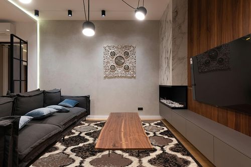 Superior Indoor Large Area Rug, Jute Backed, Perfect for Living/Dining Room, Bedroom, Office, Kitchen, Entryway, Modern Geometric Trellis Floor Decor, Viking Collection, 8' x 10', Chocolate in Dark Wood Living Room with Black Couch