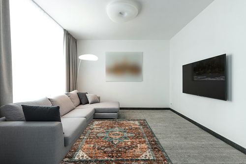 Moynesa Ultra-Thin Washable Vintage Area Rug - 5x7 Large Boho Non-Slip Rug for Bedroom Living Room Oriental Medallion Non-Shedding Print Floor Carpet for Dining Room Home, Brick Red/Dull Teal in Modern Living Room with Grey Couch