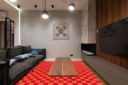 SAFAVIEH Striped Kilim Collection Area Rug - 8' x 10', Red & Rust, Flat Weave Cotton Design, Easy Care, Ideal for High Traffic Areas in Living Room, Bedroom (STK801Q) in Dark Wood Living Room with Black Couch