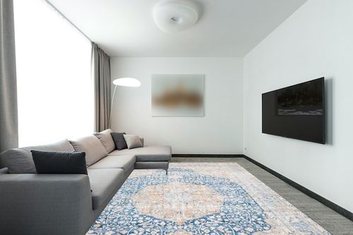 Loloi II Layla Collection LAY-07 Blue/Tangerine, Traditional 9'-0" x 12'-0" Area Rug in Modern Living Room with Grey Couch