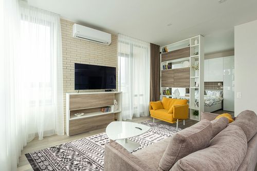 Art&Tuft 8x10 Area Rug, Super Soft Ultra-Thin Moroccan Washable Rug, Anti-Slip Backing Rugs for Living Room, Foldable Geometric Machine Washable Area Rug(8'x10', Black) in Light Modern Living Room with TV