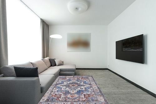 Area Rugs for Living Room Bedroom: 5x7 Washable Rug with Non-Slip Backing Non-Shedding Stain Resistant, Boho Floral Large Carpet for Dining Room Nursery Home Office Indoor Gray Blue/Brown in Modern Living Room with Grey Couch