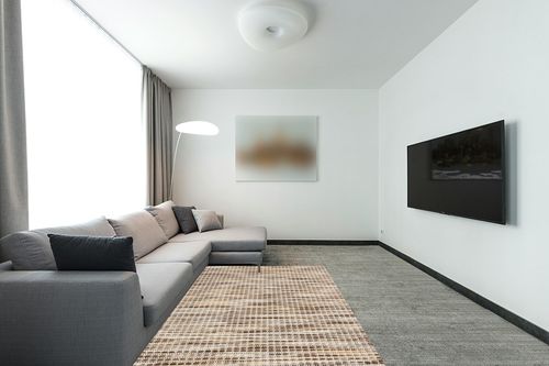 Nourison Positano Indoor/Outdoor Beige 5' x 7' Area Rug, Easy Cleaning, Non Shedding, Bed Room, Living Room, Dining Room, Backyard, Deck, Patio (5x7) in Modern Living Room with Grey Couch