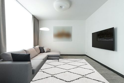 Moroccan Diamond Pattern Indoor Rug 8 X 10 in Modern Living Room with Grey Couch