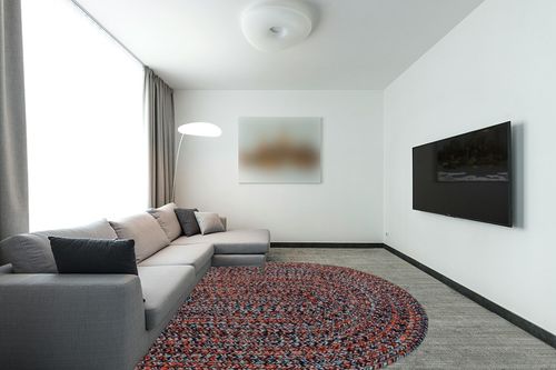Super Area Rugs Cantebury Handmade Farmhouse Indoor/Outdoor Braided Rug Navy, Light Blue, Red 8' x 10' Oval in Modern Living Room with Grey Couch