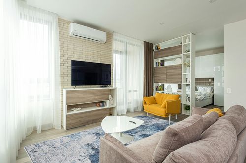 Area Rug Living Room Rugs: 5x7 Washable Rug with Anti-Slip Backing Non-Shedding Stain-Resistant Foldable Modern Abstract Carpet for Bedroom Dining Room Nursery Home Office (Blue) in Light Modern Living Room with TV