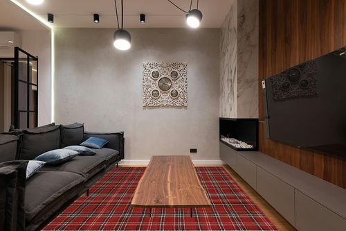 Nourison Grafix Red 7'10" x 9'10" Area -Rug, Modern, Plaid, Bed Room, Living Room, Dining Room, Kitchen, Easy -Cleaning, Non Shedding, (8' x 10') in Dark Wood Living Room with Black Couch