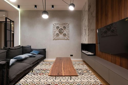 ‎Ivory/Multi ‎Transitional ‎Non Slip ‎Living Room ‎Area Rug in Dark Wood Living Room with Black Couch