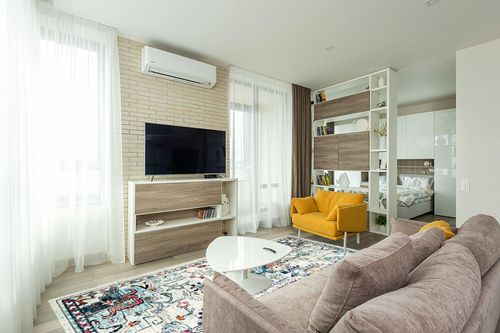‎Cream/Blue ‎Retro ‎Non shedding, Stain Resistant, Pet friendly ‎Living Room ‎Area Rug in Light Modern Living Room with TV