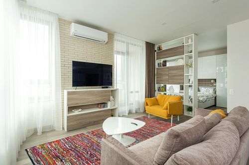 Cotton Multi Chindi Hand Woven Rugs THE BEER VALLEY in Light Modern Living Room with TV