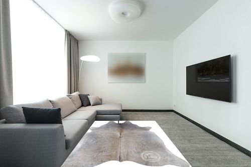 Sunshine Cowhides Genuine Grey Beige Cowhide Rug - Luxurious Cow Rug for Bedroom, Living Room, and Home Decor Enthusiasts - Masterpiece of Style and Functionality - Large - 6x6-7ft (180x220cm) in Modern Living Room with Grey Couch