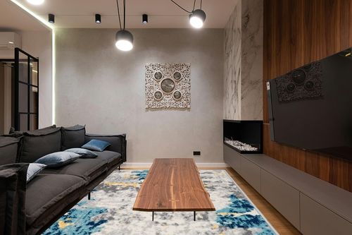 Cream Contemporary Soft Living Room Area Rug in Dark Wood Living Room with Black Couch