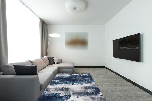 Area Rug Living Room Rugs: 5x7 Large Soft Bedroom Carpet Non Shedding Washable Abstract Modern Throw Accent Rug for Dining Room Home Office Kitchen Under Table Floor - Blue in Modern Living Room with Grey Couch