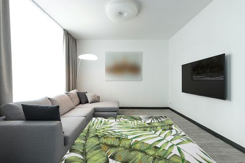 CAREMEE 8x10 Washable Area Rug Palm Tree Leaf Area Rug Indoor Throw Carpet Rug Non Slip Low Profile Non-Shedding Large Area Rug for Living Room Bedroom Kitchen, 8' x 10' Green in Modern Living Room with Grey Couch