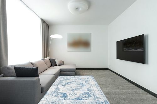 Pajata Blue and Cream Vintage 5X7 Area Rug Soft Fluffy Pile Carpet, Stain Resistant Faux Wool Soft Fuzzy Machine Washable Rug, Boho Chic Low-Pile Floral Carpet for Bedroom Kitchen Living Room in Modern Living Room with Grey Couch