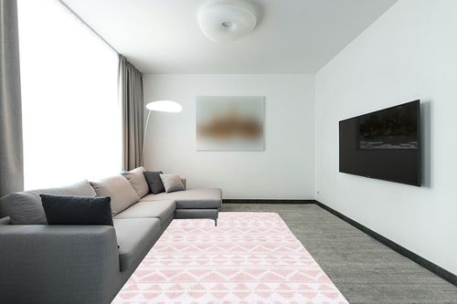 Safavieh Augustine Collection Area Rug - 6'4" x 9'6", Pink & Ivory, Moroccan Boho Rustic Fringe Design, Non-Shedding & Easy Care, Ideal for High Traffic Areas in Living Room, Bedroom (AGT847U) in Modern Living Room with Grey Couch