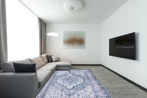 SAFAVIEH Tucson Collection Area Rug - 6' x 9', Beige & Green, Persian Medallion Design, Non-Shedding Machine Washable & Slip Resistant Ideal for High Traffic Areas in Living Room, Bedroom (TSN198C) in Modern Living Room with Grey Couch