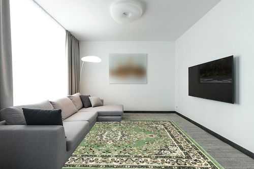 Black Traditional Stain Resistant Dining Room Area Rug in Modern Living Room with Grey Couch
