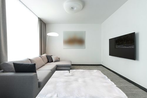 Ultra Soft White 8 x 10 Feet in Modern Living Room with Grey Couch