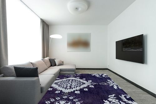 SAFAVIEH Stone Wash Collection 8' x 10' Deep Purple STW235K Hand-Knotted Medallion Premium Wool & Viscose Area Rug in Modern Living Room with Grey Couch