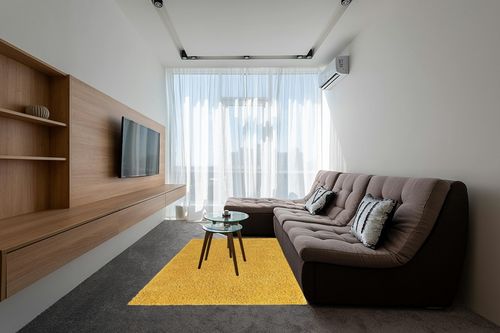 Yellow, 5x8 Feet fluffy rug in Grey Living Room with Brown Couch