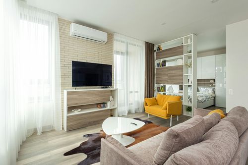 Sunshine Cowhides Genuine Mahogany Brown Cowhide Rug - Luxurious Cow Rug for Bedroom, Living Room, and Home Decor Enthusiasts - Masterpiece of Style and Functionality - XL 6x7-8ft (180x240cm) in Light Modern Living Room with TV