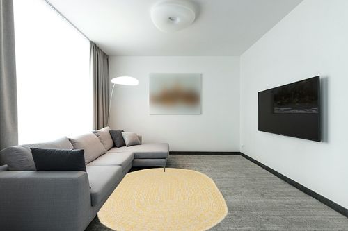 Super Area Rugs Farmhouse Braided Rug Cotton Kitchen Reversible Carpet, Yellow & White, 5' x 7' Oval in Modern Living Room with Grey Couch