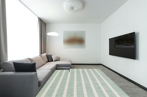 Nourison Positano Indoor/Outdoor Blue Green Ivory 8' x 10' Area Rug, Easy Cleaning, Non Shedding, Bed Room, Living Room, Dining Room, Backyard, Deck, Patio (8x10) in Modern Living Room with Grey Couch