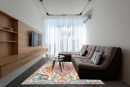 Orange Traditional Stain Resistant Living Room Area Rug in Grey Living Room with Brown Couch