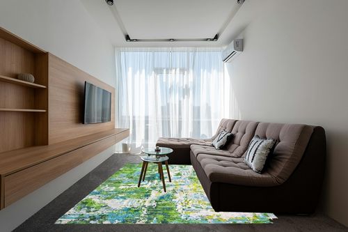 Area Rug Living Room Rugs - 8x10 Washable Large Modern Abstract Soft No Slip Indoor Rug Thin Floor Carpet for Bedroom Under Dining Table Home Office Decor - Green in Grey Living Room with Brown Couch